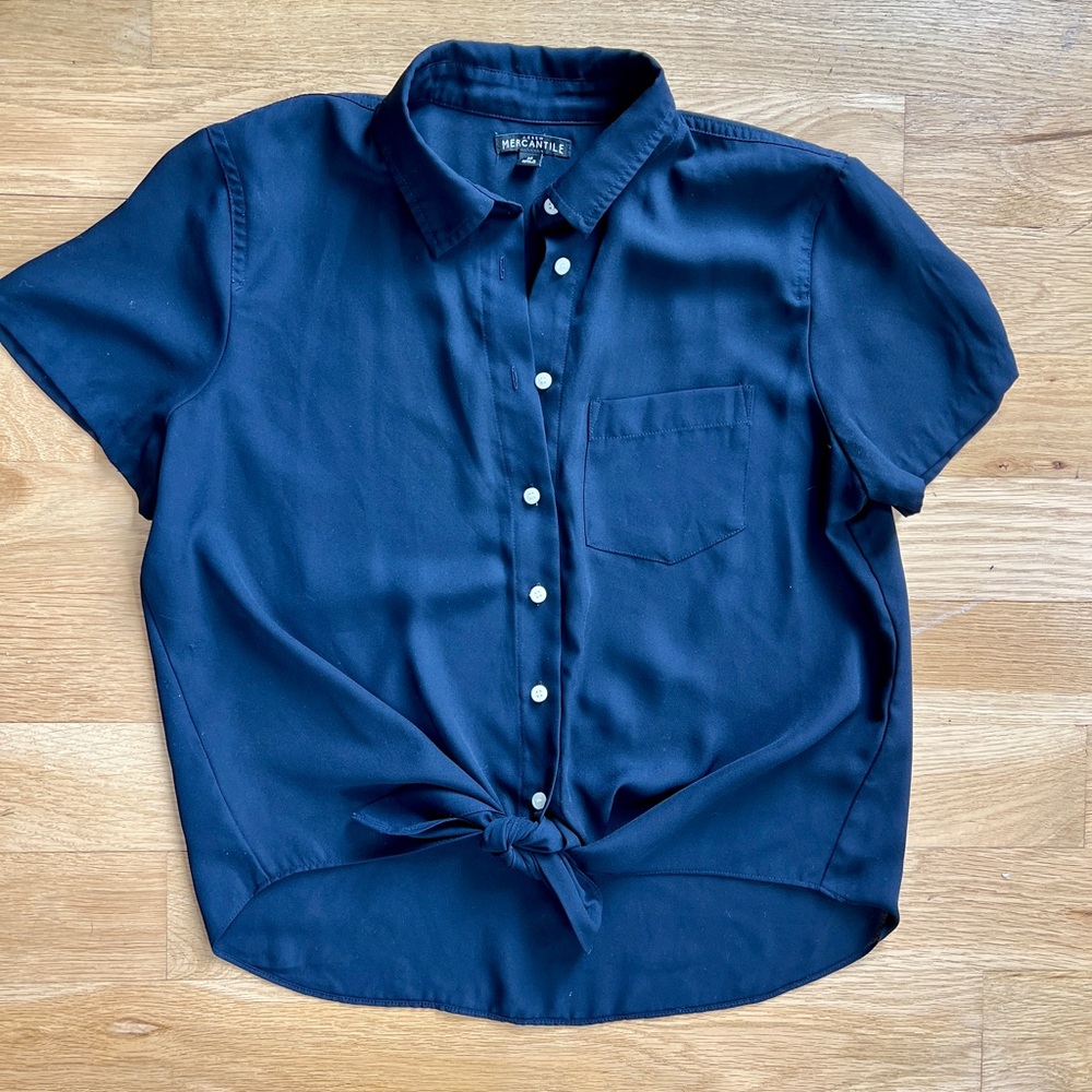 J. Crew Mercantile tie front navy button down top, size medium